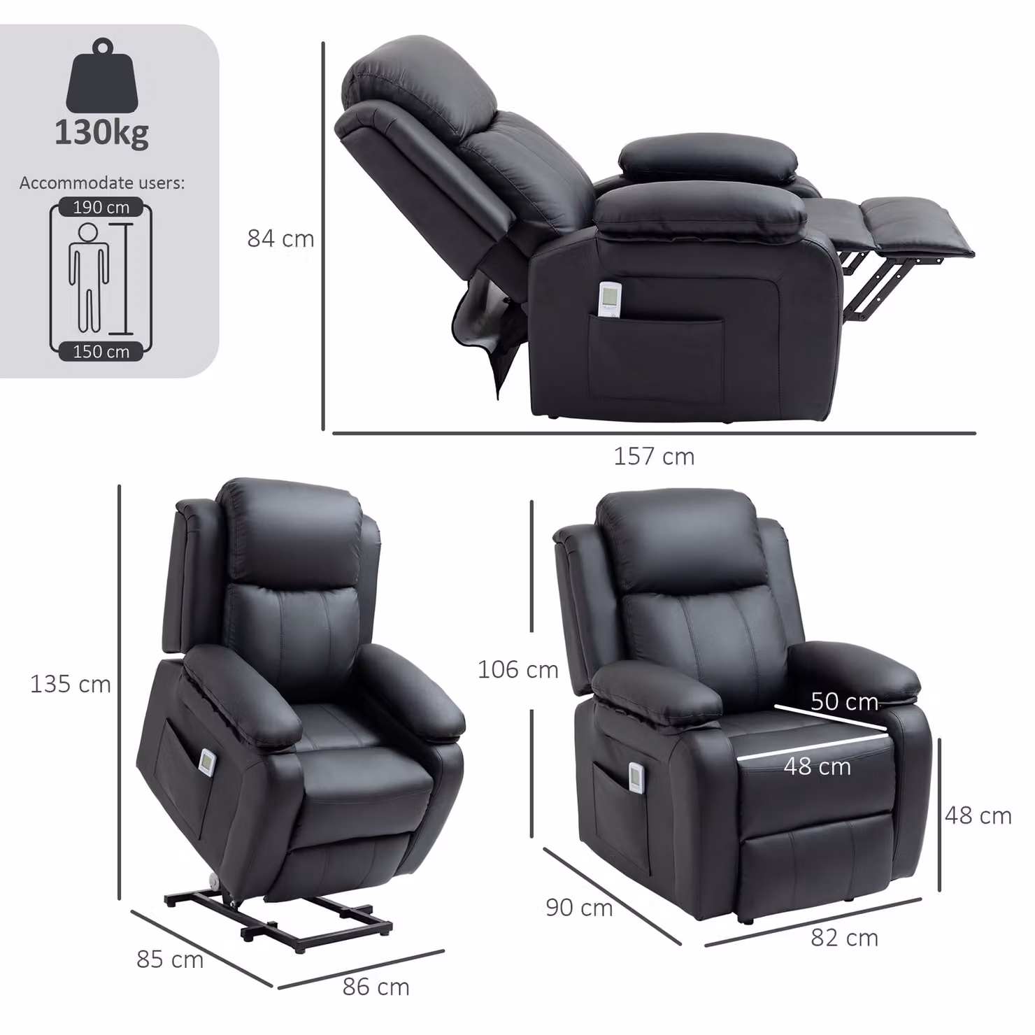 HOMCOM Black PU Leather Power Lift Riser and Recliner Chair with Vibration Massage for Seniors – 3