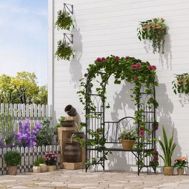 Outsunny Classic Metal Garden Arch and Outdoor Bench in Black