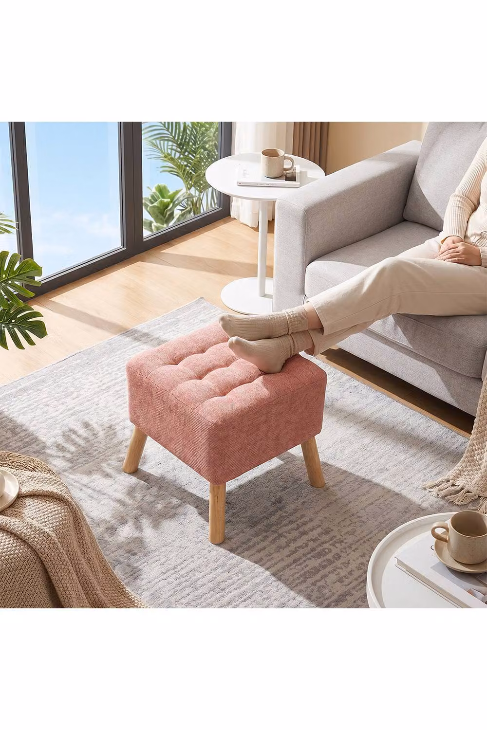 Living and Home Pink Chenille Upholstered Cube Footstool – 2