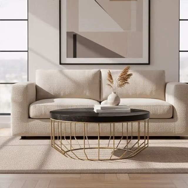 Fifty Five South Round Coffee Table in Black Leather and Gold Metal
