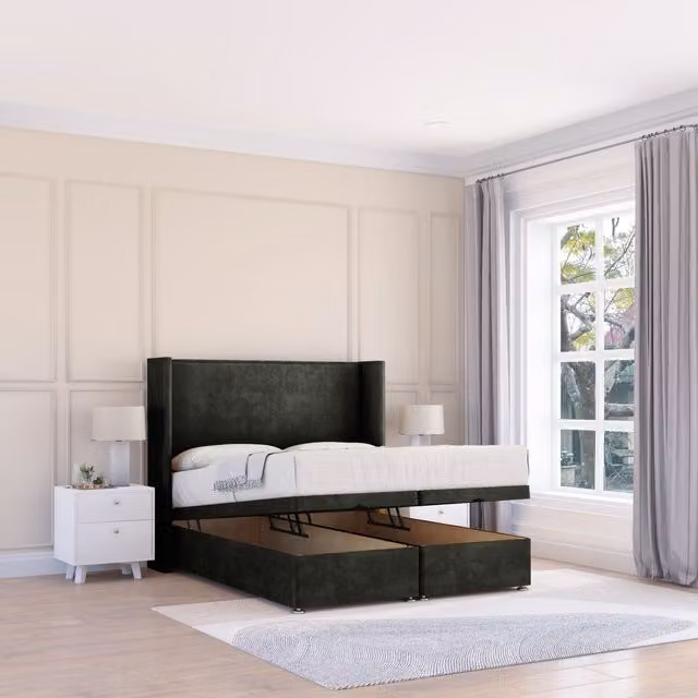 Sloomy Devonshire Dumfries Small Single Fabric Ottoman Bed with Hybrid Memory Mattress and 54 Inch Winged Headboard in Black and Grey