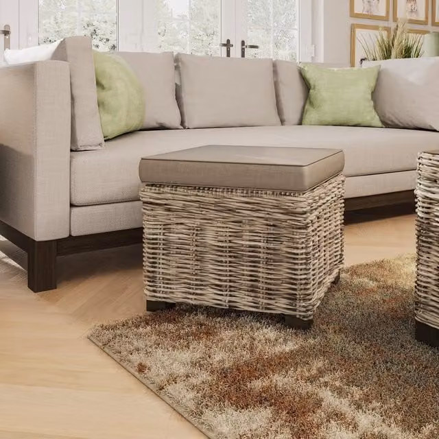 FWStyle Solid Pine Ottoman Storage Stool with Rattan Finish in Brown