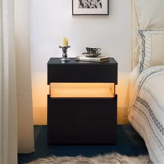 Matteo Black LED Nightstand with Integrated Lighting and 3 Drawers