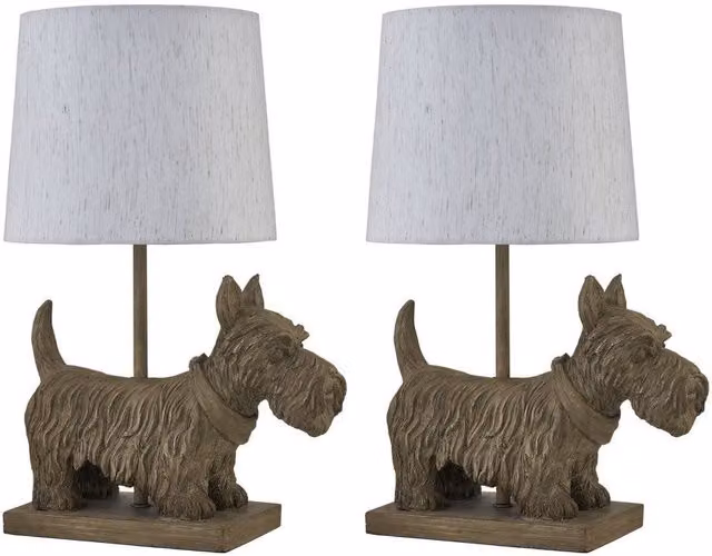 First Choice Lighting Set of 2 Bonnie Scottie Dog Table Lamps with Brown Oatmeal Linen Shades – 1