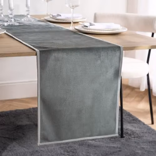 OHS Velvet Table Runner with Piped Trim in Grey and Silver, W/D/H: 35 x 230 cm – 1