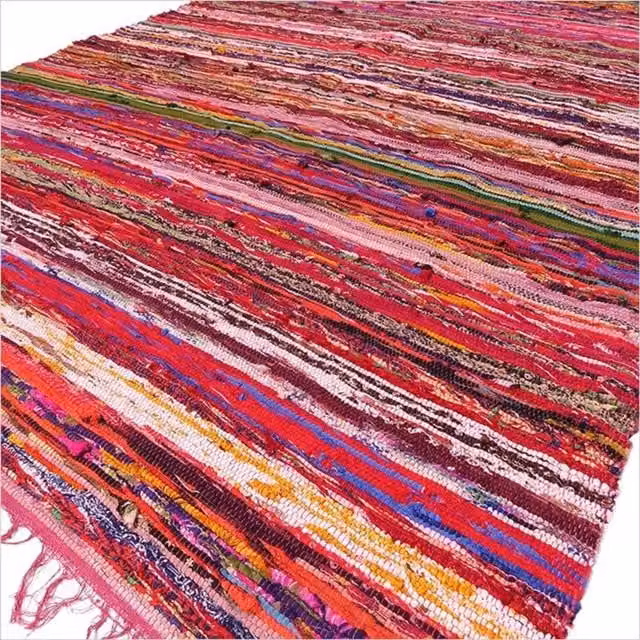 KDMK Red and Yellow Striped Boho Rag Rug in Multicolour