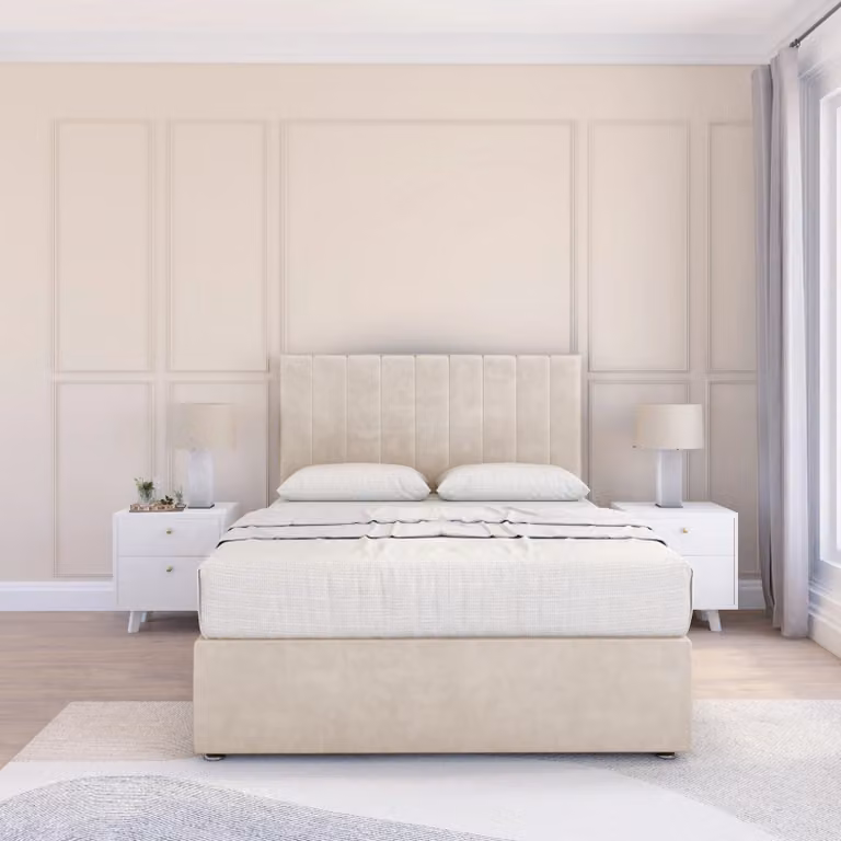 Sloomy Kansas Super King Divan Bed Base and 54 inch Floor Standing Headboard in Beige Velvet Fabric