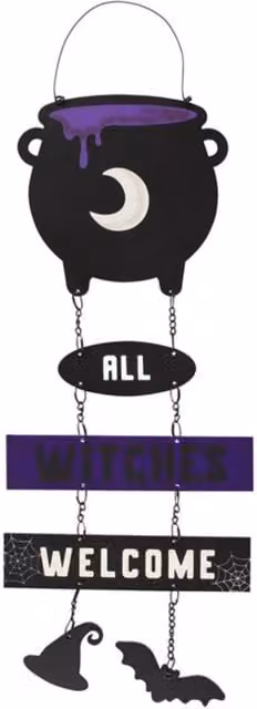 KDMK Witches Welcome Cauldron Chain Wall Sign, Black Metal Halloween Decor
