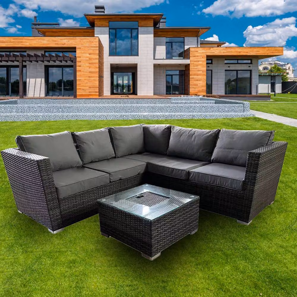 FURNITURE ONE 5 Seater L-Shape Rattan Patio Corner Sectional Sofa with Ice Bucket Coffee Table in Grey – 3