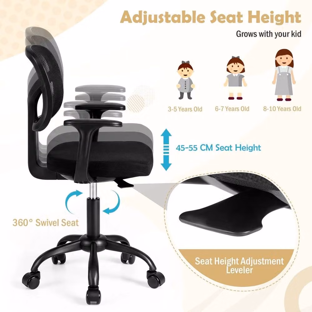 VOGREX Black Mesh Childrens Swivel Task Chair with Height Adjustable Armrests – 5