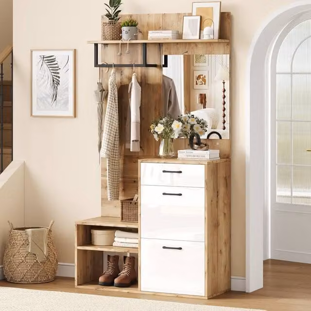 Merax Entryway Cloakroom Unit with Mirror, Coat Rack, Shoe Bench and Drawer in Natural and White, W/D/H: 120 x 38.5 x 190 cm