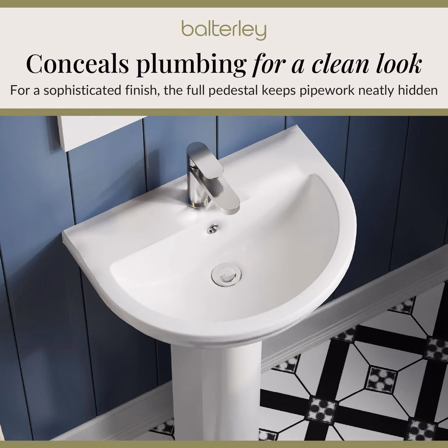 Balterley Round 1 Tap Hole Basin with Full Pedestal, White, W: 50.0 cm, D: 41.6 cm, H: 82.3 cm – 5