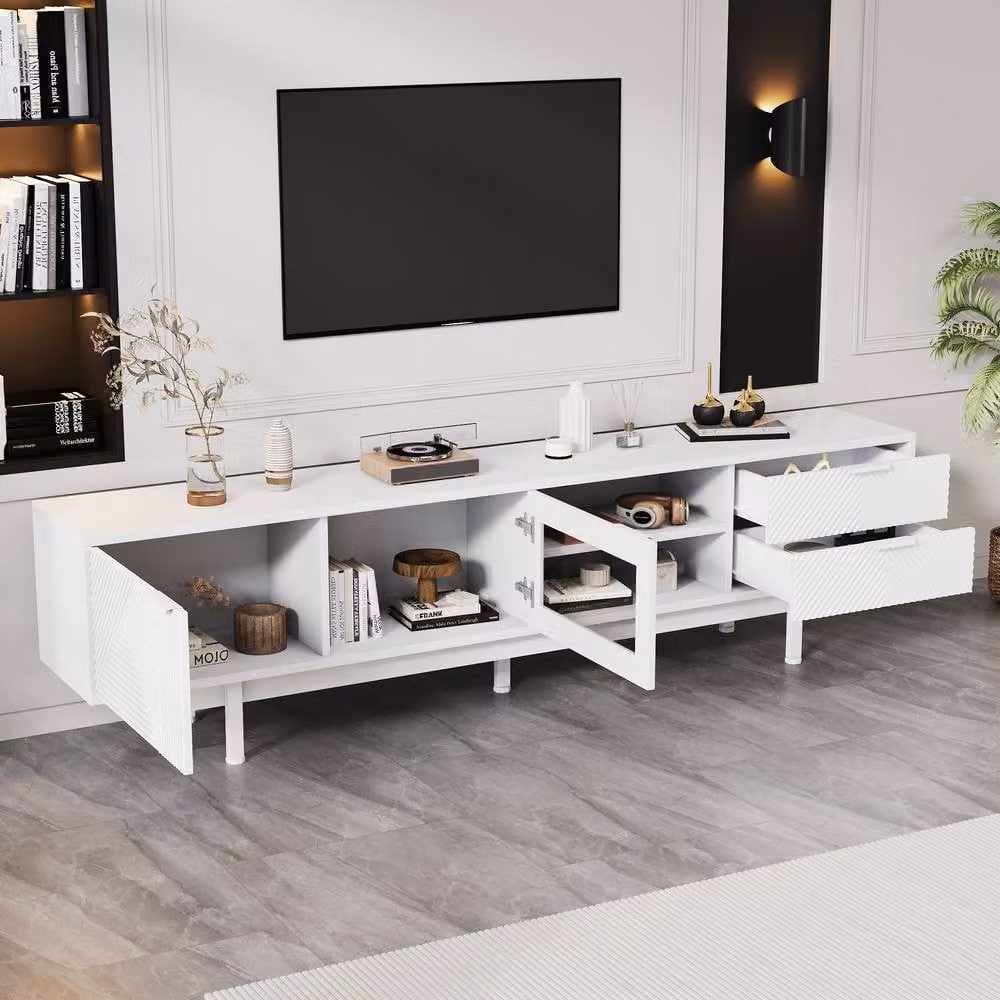 Rolipo Modern White TV Unit Cabinet with Media Compartments and Cable Management, Width: 200 cm – 4