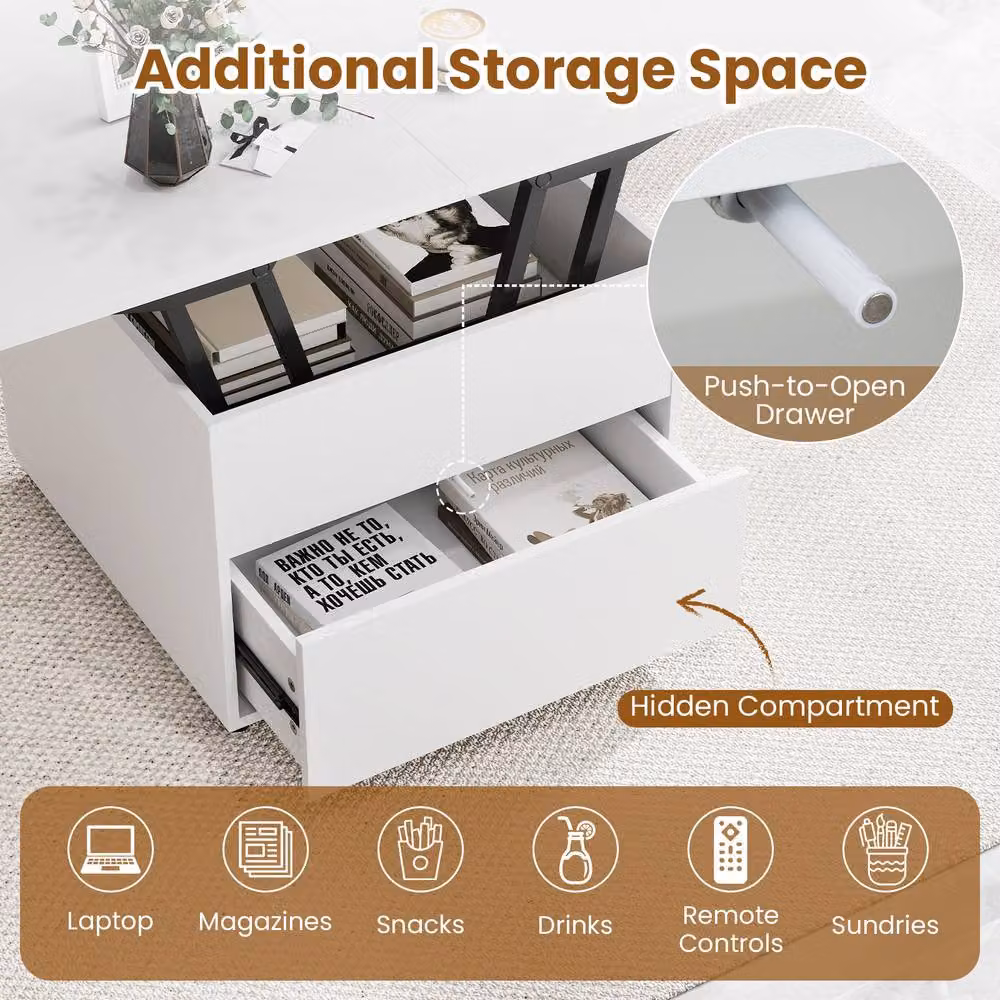 Costway 3-in-1 Folding Lift Top Coffee Table with Hidden Storage in White – 5