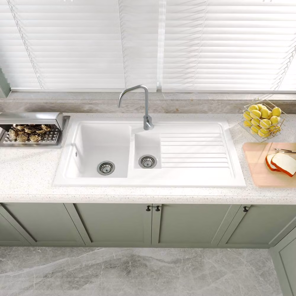 Balterley 1.5 Bowl Fireclay Inset Sink and Drainer with Pewter Wastes, White, W: 101 cm – 2