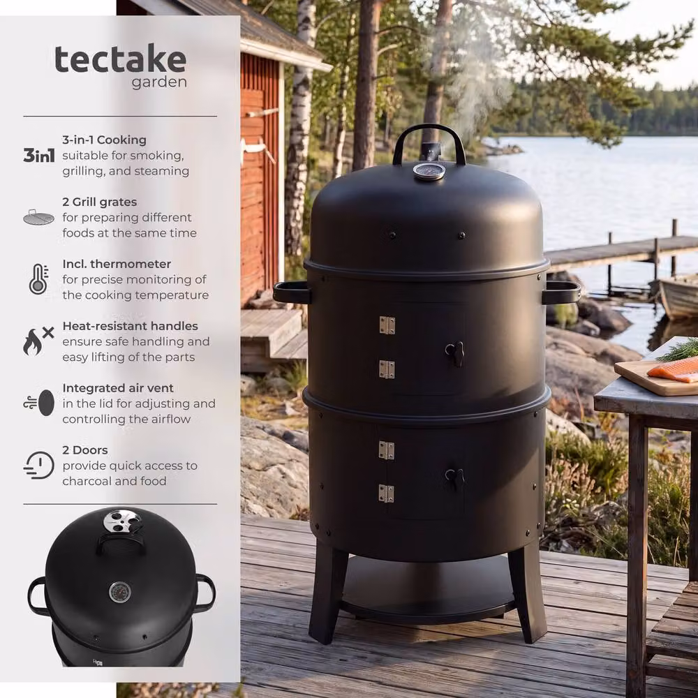 tectake Smoking Barrel 3-in-1 Charcoal Smoker with Thermometer and Air Vent, Black, W/D/H: 52.0 x 42.5 x 81.5 cm – 2