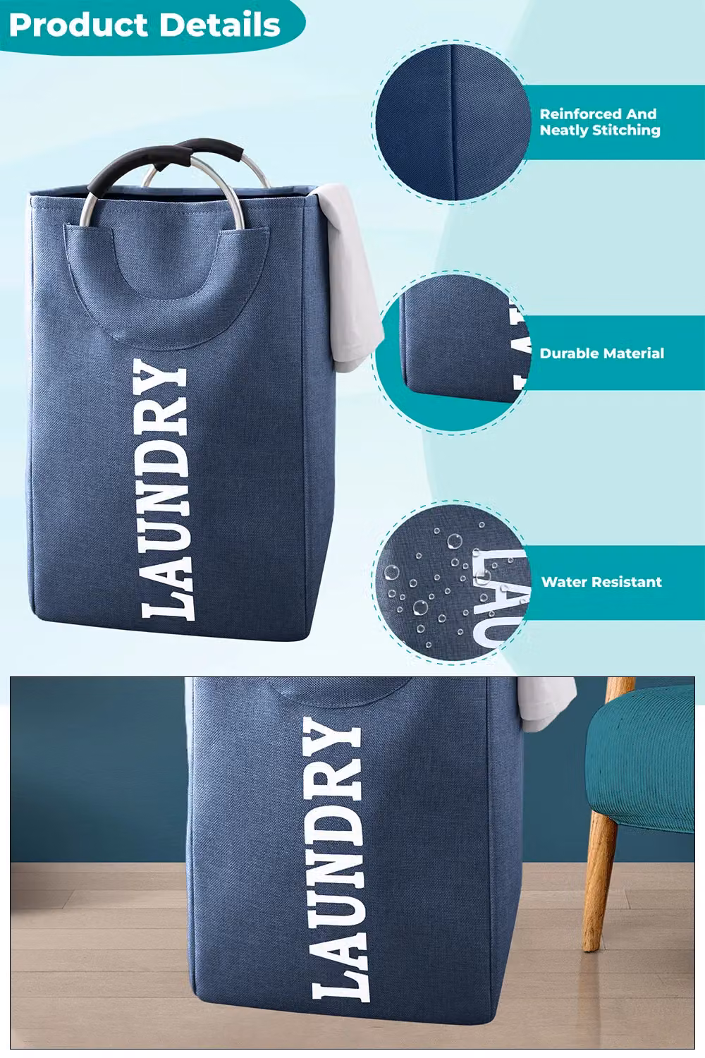 Neel Blue Collapsible Laundry Basket with Handles, 43L Navy Blue Foldable Laundry Hamper – 3