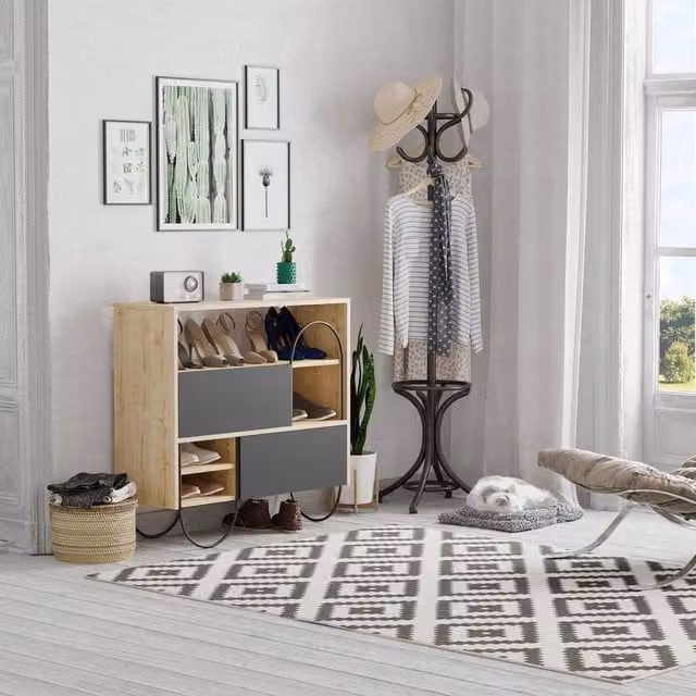 FORGEVIO Modern Shoe Storage Cabinet Sideboard in Natural Oak and Anthracite Grey with 2 Drawers