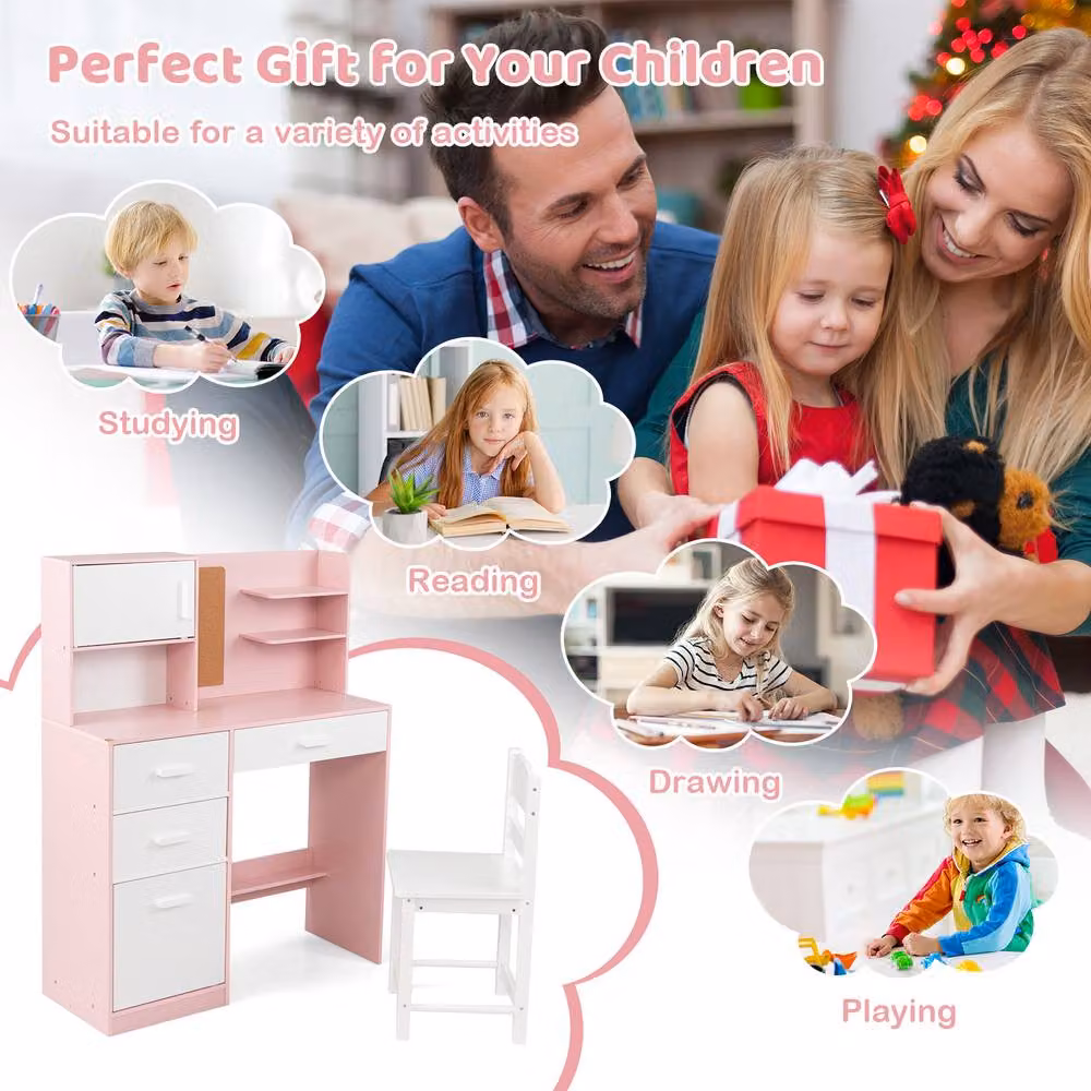 CASART Kids Wooden Study Desk and Chair Set with Hutch in Pink – 2