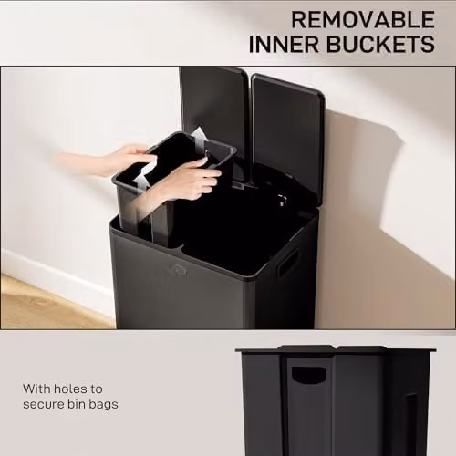 HOMCOM Dual Kitchen Pedal Bin with Soft Close Lids and Odour Filter, Black Stainless Steel, 2 x 28L – 6