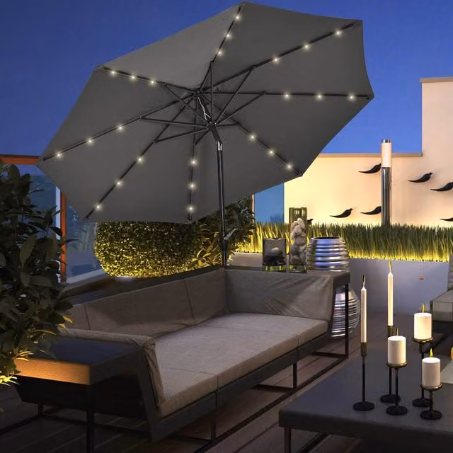 Outsunny Grey Parasol Umbrella with 24 LED Solar Powered Chain Lights