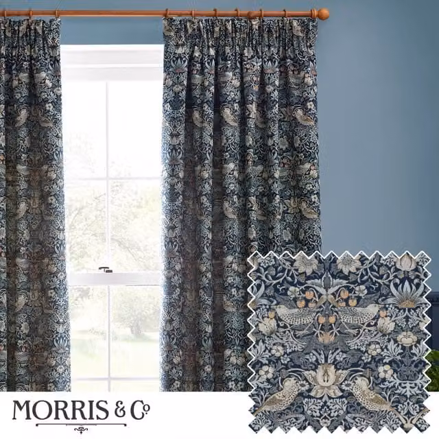 Morris & Co. Strawberry Thief Jacquard Floral Ready Made Pencil Pleat Curtains in Blue