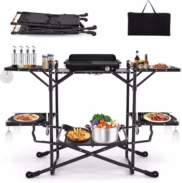 KORVIXA Black Folding Outdoor Camping Kitchen Table and Cooking Station, W/D/H: 100 x 54 x 88 cm – 1