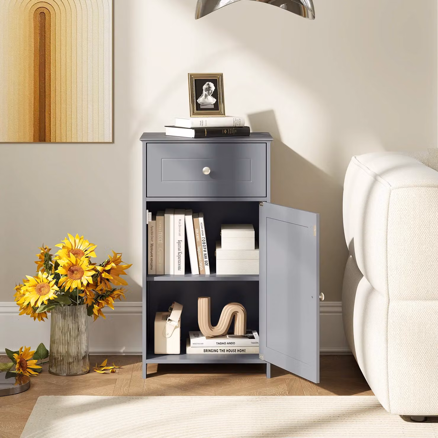 Costway Single Door Grey Bathroom Cabinet with Internal Shelves and Drawers – 5