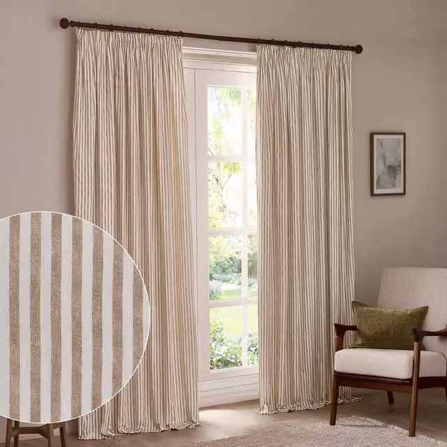 Yard Hebden Natural Striped 100% Cotton Blackout Pencil Pleat Curtain Pair, Thermal Insulating, Width: 168 cm, Drop: 183 cm