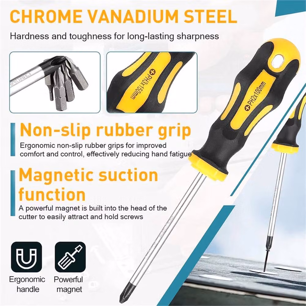 VOGREX 42-Piece Magnetic Screwdriver Set with Cross and Flat Heads in Black Steel – 4