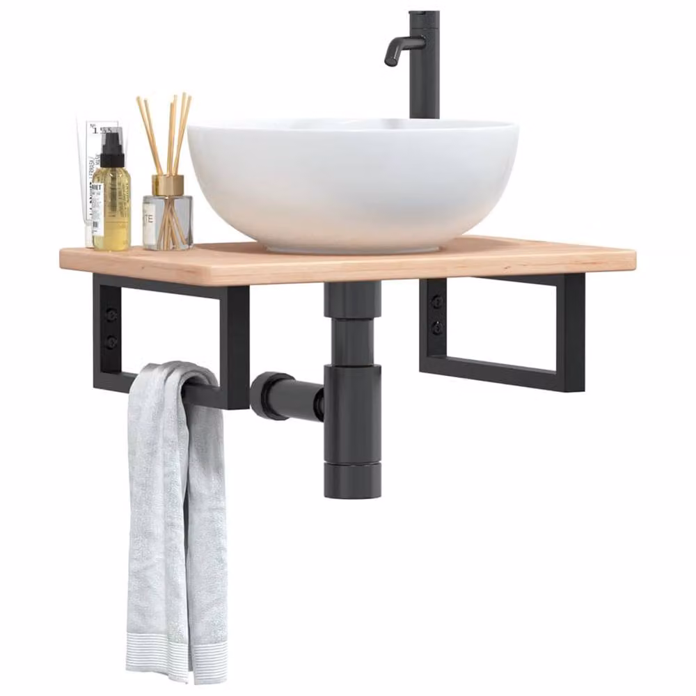 Berkfield Home Elegant Wall Mounted Basin Shelf in Natural Oak and Black Steel – 2