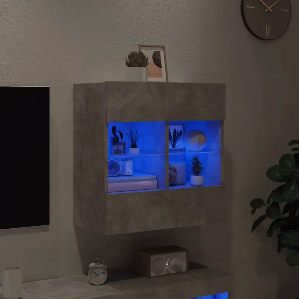 Berkfield Home Modern Wall Mounted TV Cabinet with Integrated LED Lights and Internal Shelves, Concrete Grey, W: 58.5 cm, D: 30 cm, H: 60.5 cm – 2