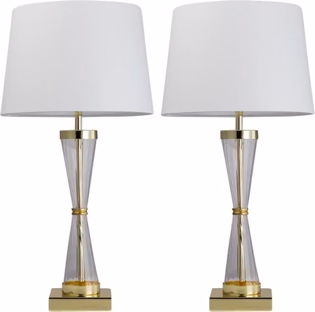 First Choice Lighting Set of 2 Gold Touch Table Lamps with White Fabric Shades – 1