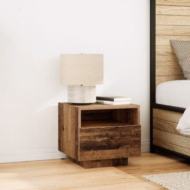 Berkfield Home Bedside Cabinet with Integrated LED Lights in Brown Old Wood, W/D/H: 40 x 39 x 37 cm