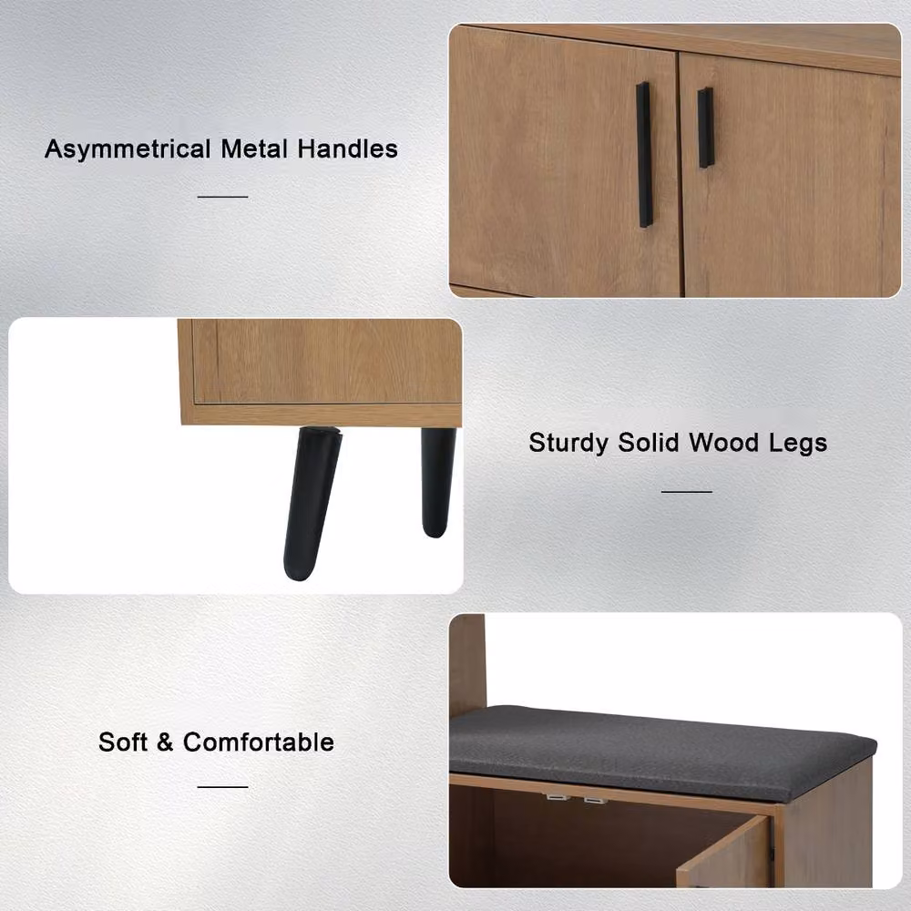 Rolipo Modern Natural Shoe Bench with Seat and Adjustable Storage Cabinet in Brown – 5