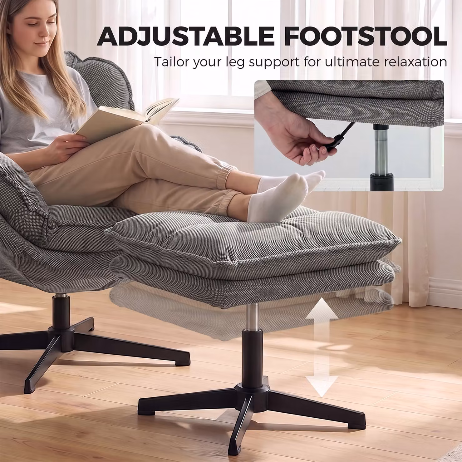HOMCOM Grey Chenille Swivel Armchair with Adjustable Footstool and Thick Cushion – 3