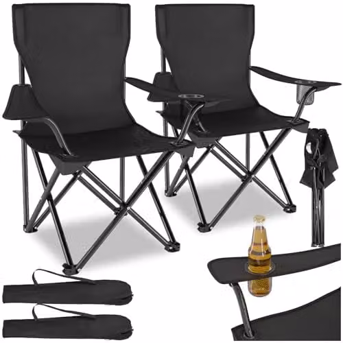 tectake Set of 2 Foldable Camping Chairs in Black with Cup Holders and Carry Bags