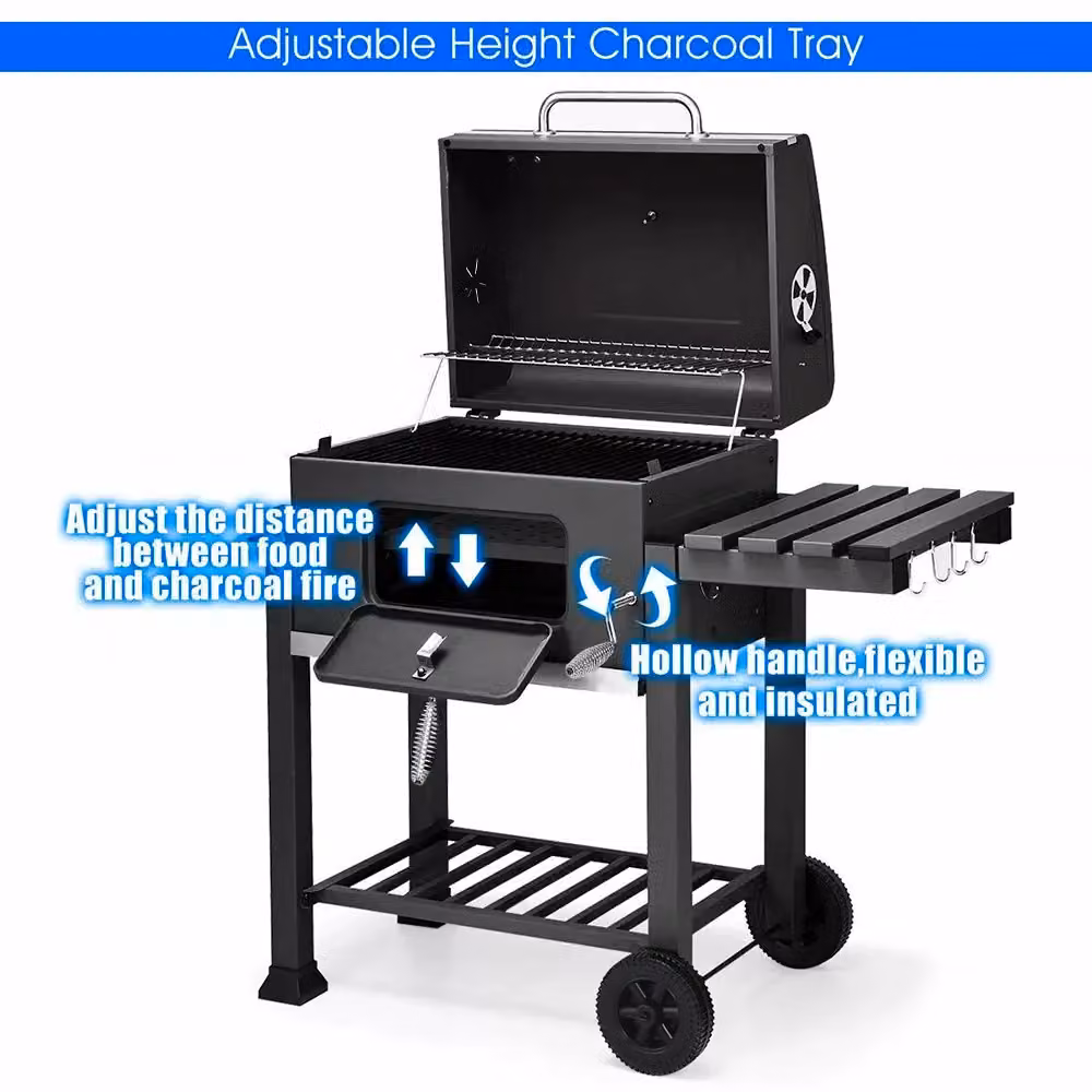 Living and Home Charcoal BBQ Grill with Portable Trolley and Thermometer in Black – 5