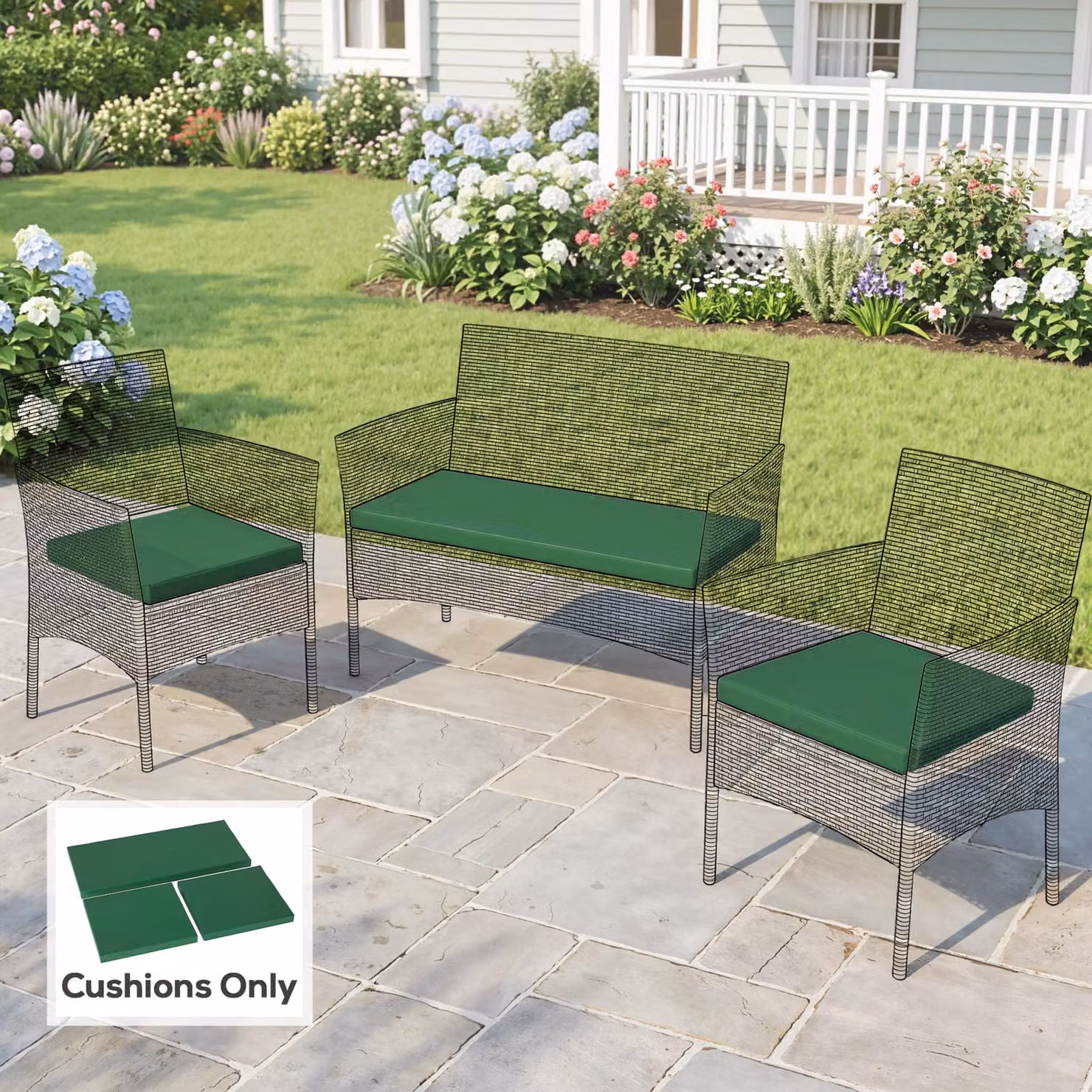 Outsunny Set of 3 Green Rectangular Outdoor Seat Cushion Pads for Rattan Furniture with Removable Washable Polyester Covers – 6