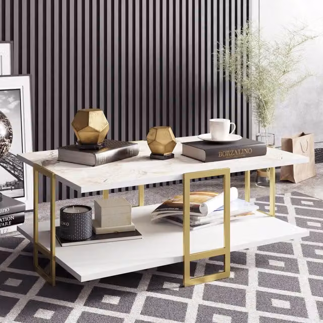 Decorotika Polkana Coffee Table in White Marble Effect and Gold