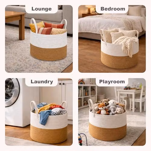 Libbi Lou Cotton Rope Storage Basket with Handles, Collapsible, Two-Tone Beige and Brown, W: 40 cm, D: 25 cm, H: 25 cm – 5