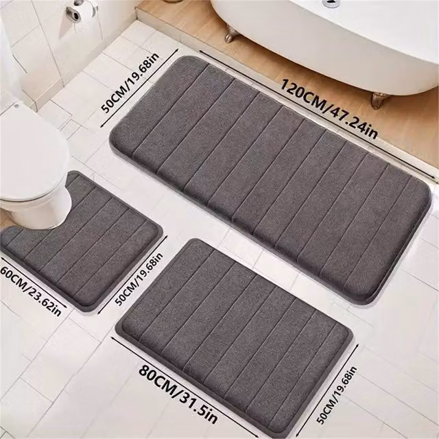 FLAVORA Grey 3-Piece Striped Memory Foam Bath Mat Set, Non-Slip and Quick-Drying