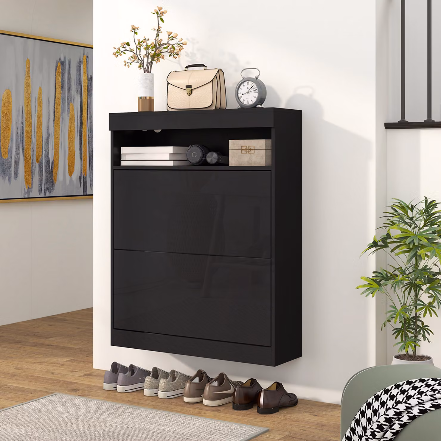 HOMCOM Modern Black Shoe Storage Cabinet with Tilting Flip Doors for 16 Pairs of Shoes – 6