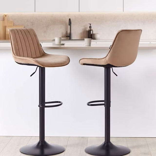 Wyld and Coco Set of 2 Light Brown Velvet Swivel Bar Stools with Height Adjustment