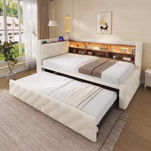 STILVORA Single Sofa Bed with Storage Armrest and USB Charging in Beige, W: 90 cm, L: 190 cm – 1