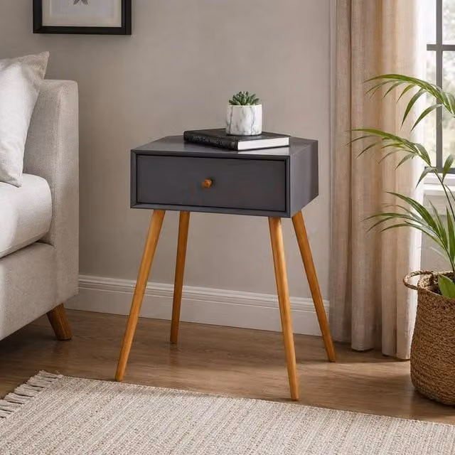 SPOT ON DEALZ Grey Wooden Bedside Table with Drawer, W/D/H: 40 x 30 x 60 cm – 1