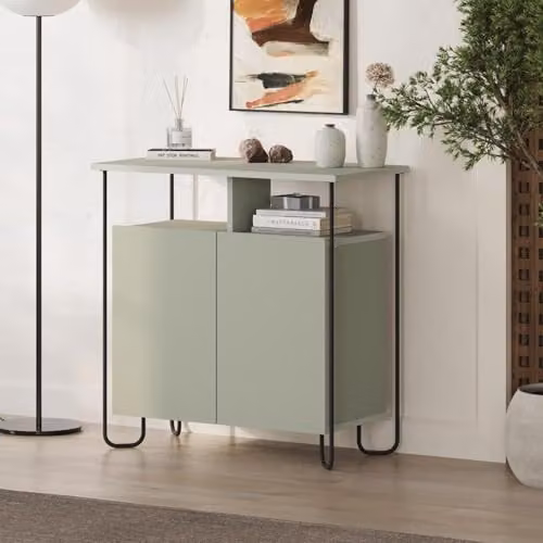 FWStyle Matt Ash Green 2 Door Sideboard with Metal Frame and Open Shelves, W/D/H: 80 x 40 x 80 cm – 2