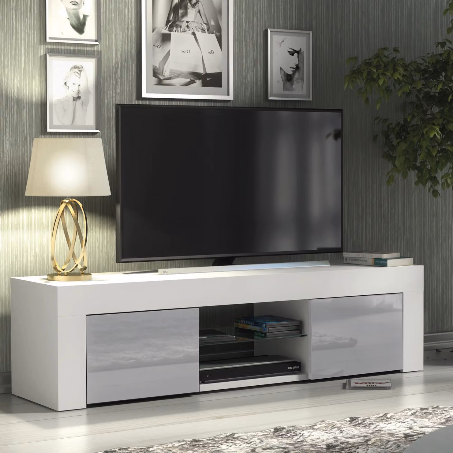 Creative Furniture Modern TV Unit in White with High Gloss Grey Doors, W: 130 cm, D: 35 cm, H: 35 cm – 3