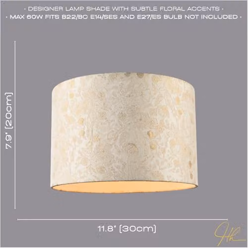 Happy Homewares Chic Textured Off-Cream Jacquard Drum Shade with Gold Foil Decor Print, W/D/H: 30 x 30 x 20 cm – 3