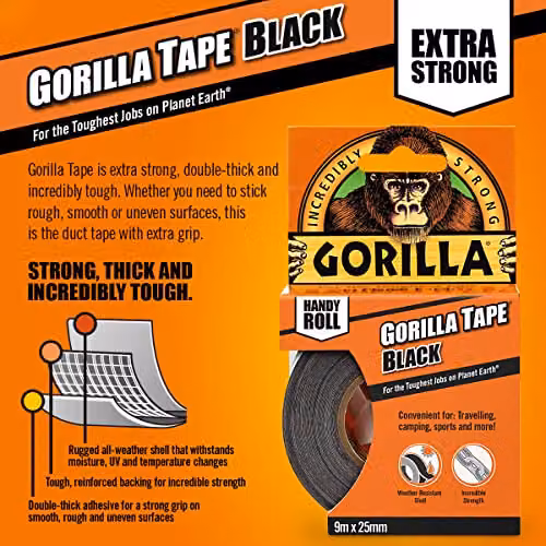 Gorilla Black Cloth Duct Tape Handy Roll, Width: 25 mm, Length: 9 m – 3